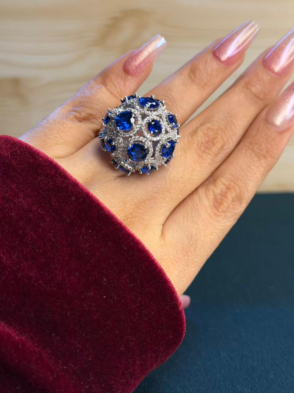 Blue Sapphire Rhodium Silver Plated Ball Adjustable Ring