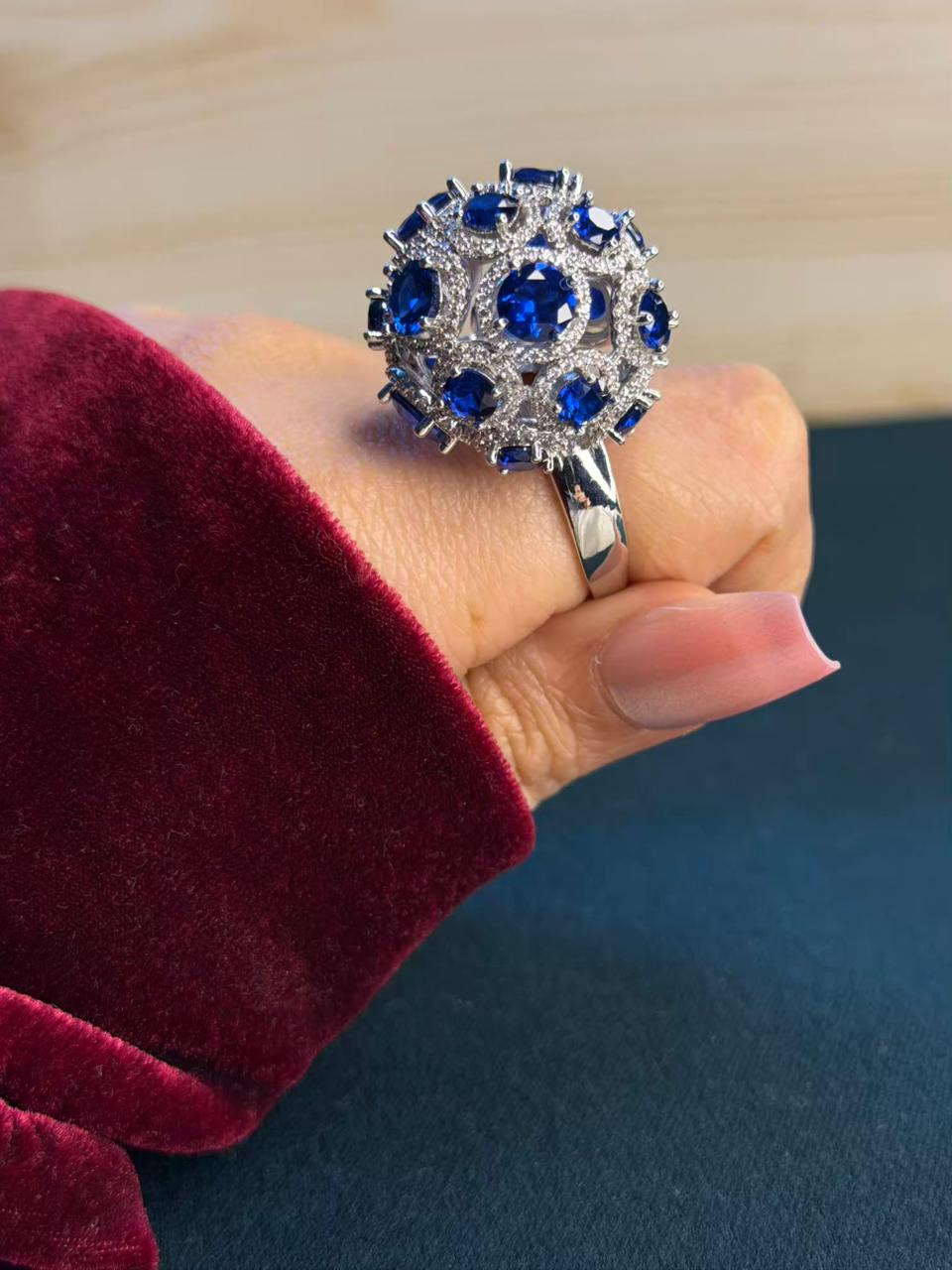 Blue Sapphire Rhodium Silver Plated Ball Adjustable Ring