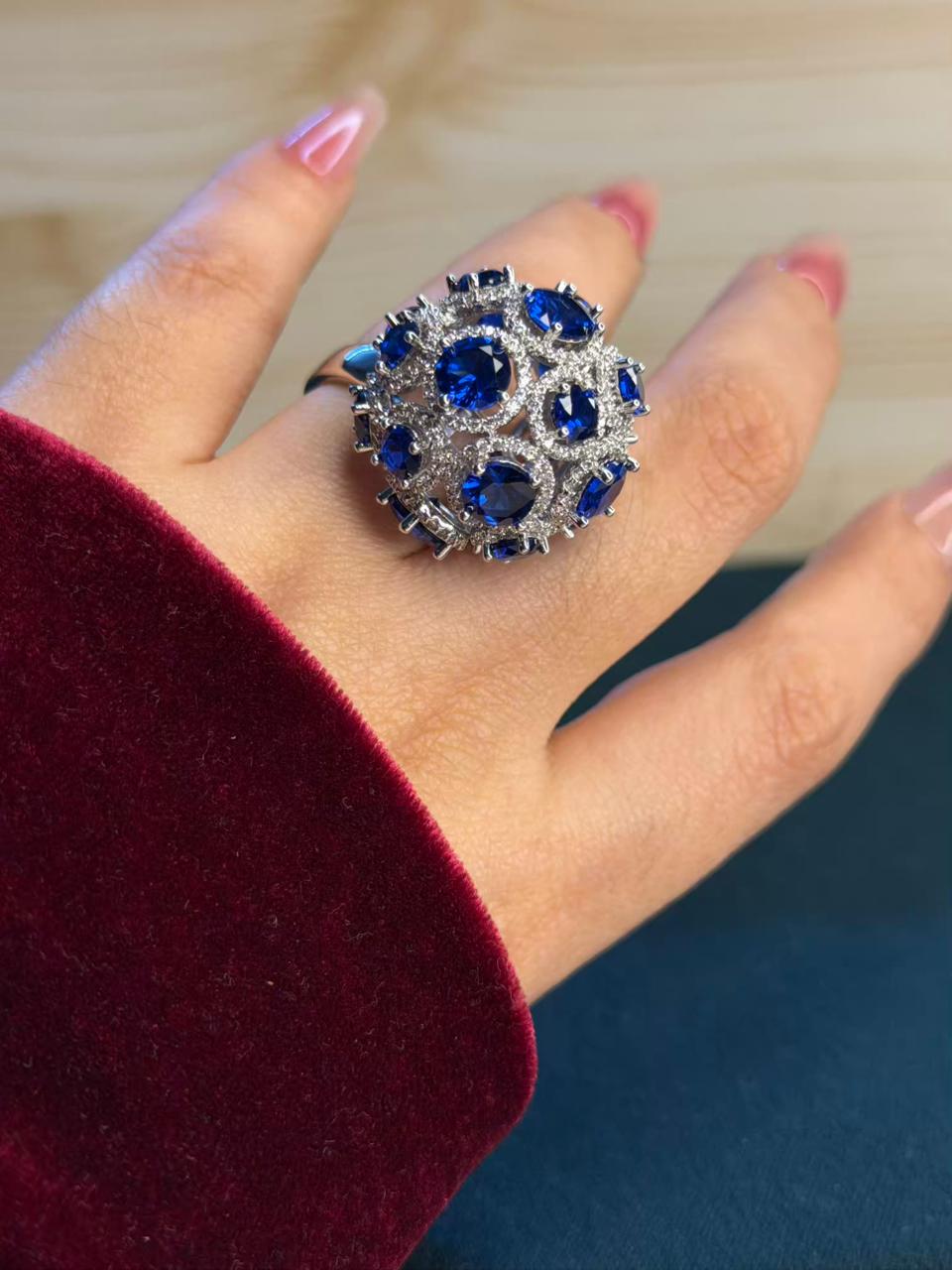 Blue Sapphire Rhodium Silver Plated Ball Adjustable Ring