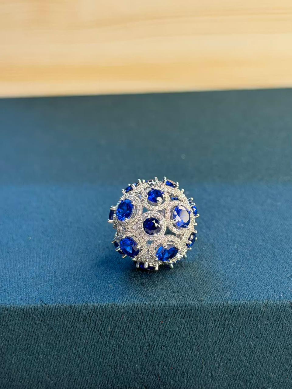 Blue Sapphire Rhodium Silver Plated Ball Adjustable Ring