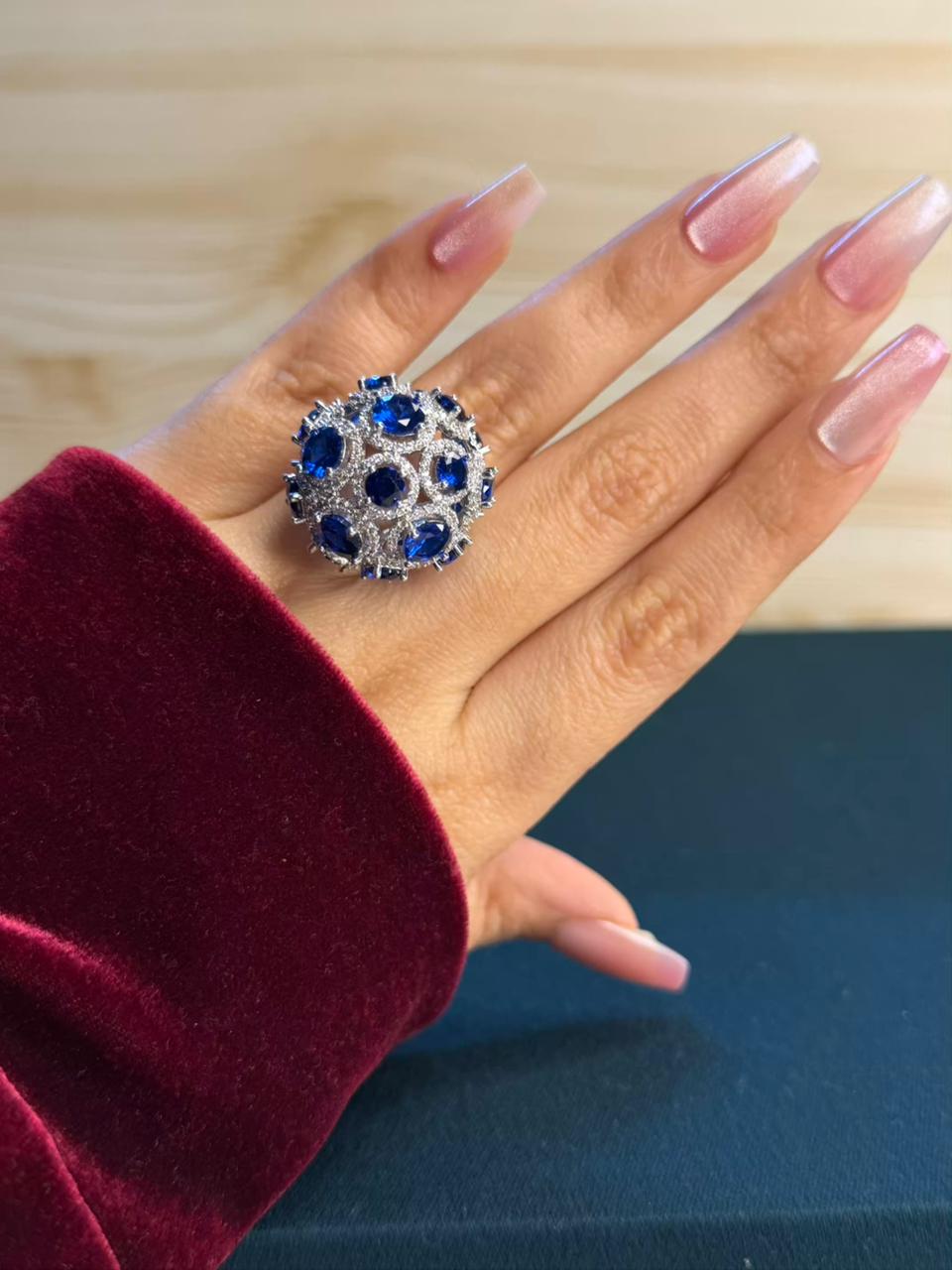 Blue Sapphire Rhodium Silver Plated Ball Adjustable Ring