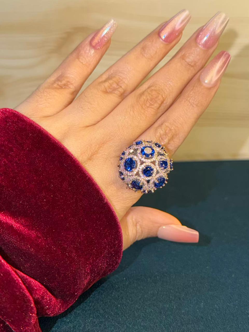 Blue Sapphire Rhodium Silver Plated Ball Adjustable Ring
