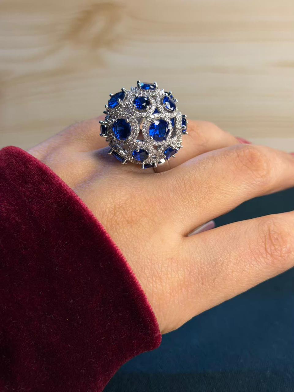Blue Sapphire Rhodium Silver Plated Ball Adjustable Ring