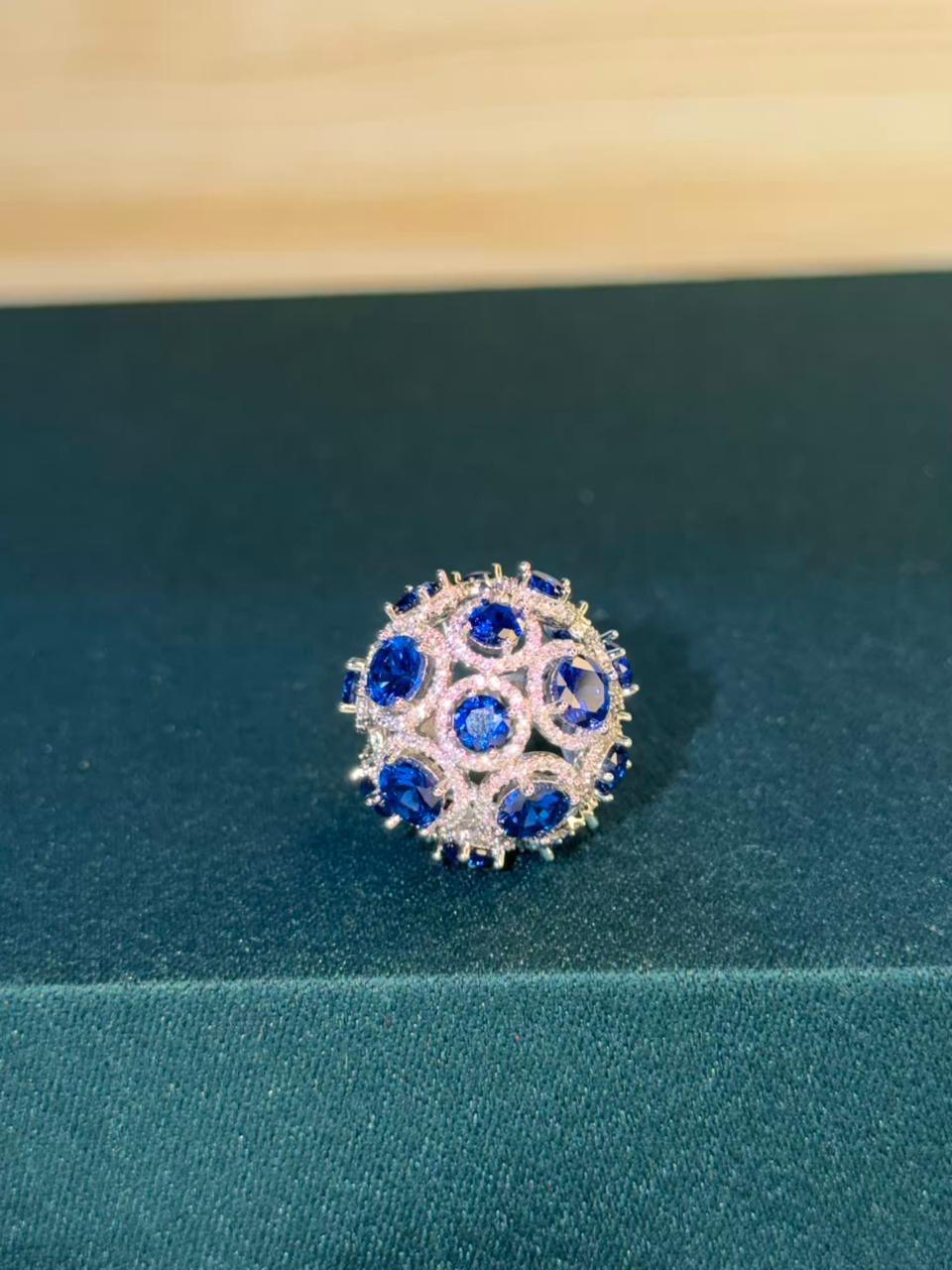 Blue Sapphire Rhodium Silver Plated Ball Adjustable Ring