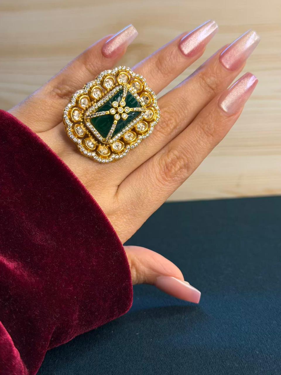 Emerald Green Moissanite Cocktail Ring Adjustable