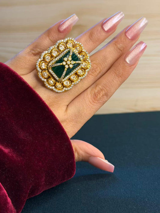 Emerald Green Moissanite Cocktail Ring Adjustable