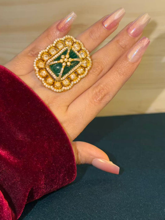 Emerald Green Moissanite Cocktail Ring Adjustable