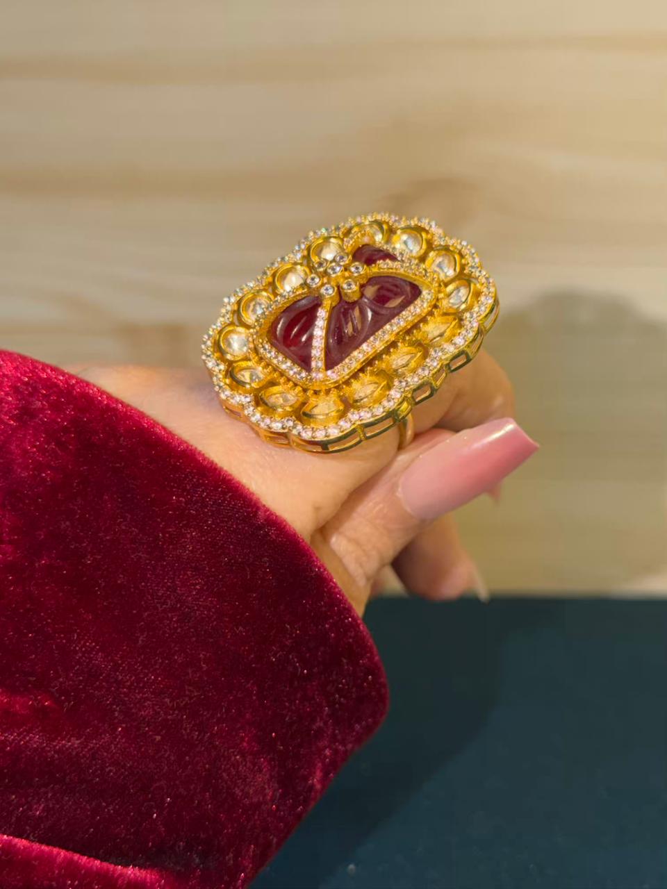 Ruby Red Moissanite Gold Cocktail Adjustable Ring