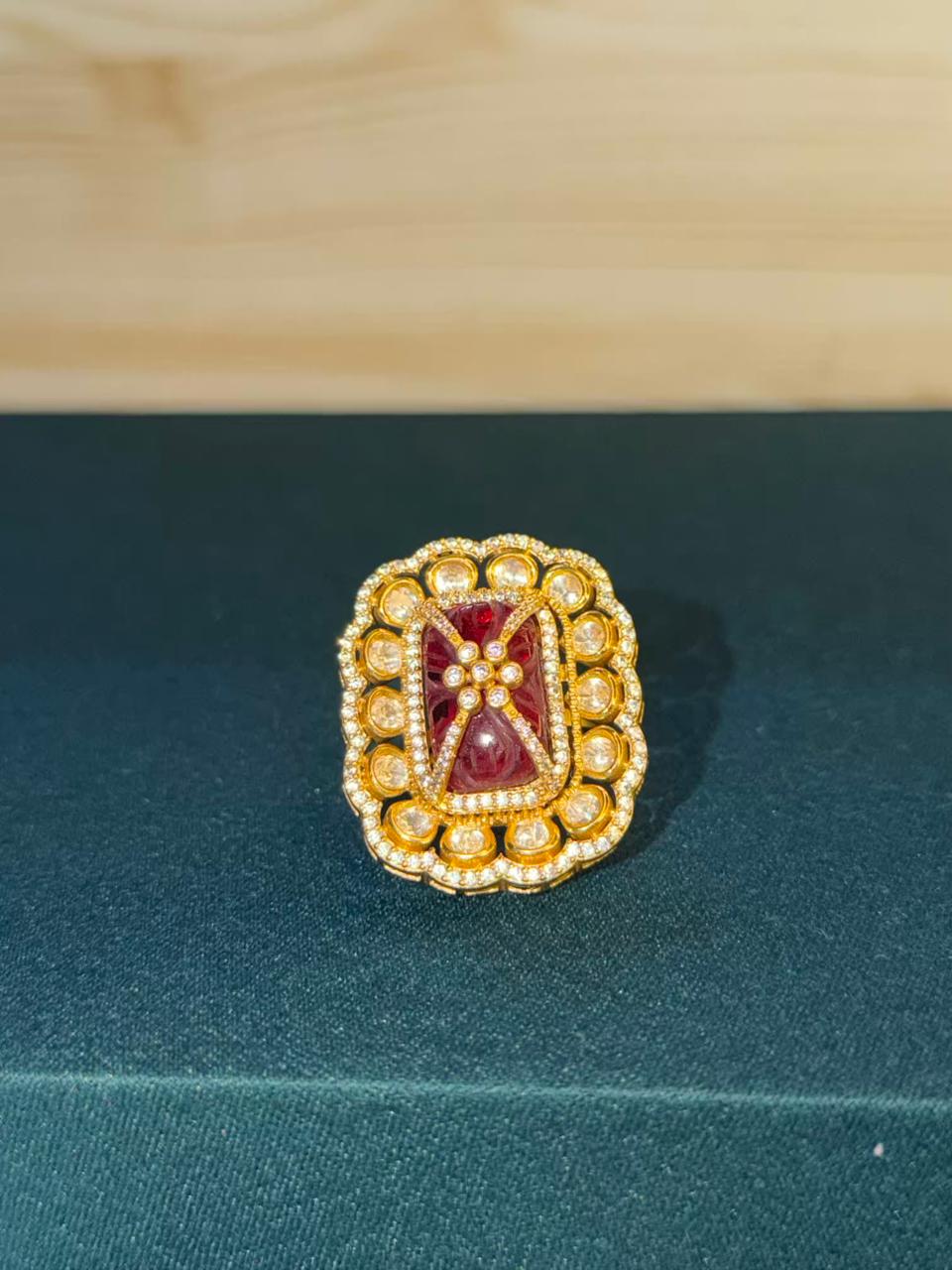 Ruby Red Moissanite Gold Cocktail Adjustable Ring