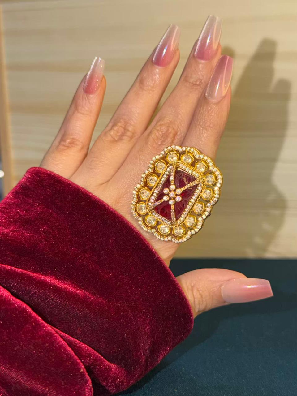 Ruby Red Moissanite Gold Cocktail Adjustable Ring