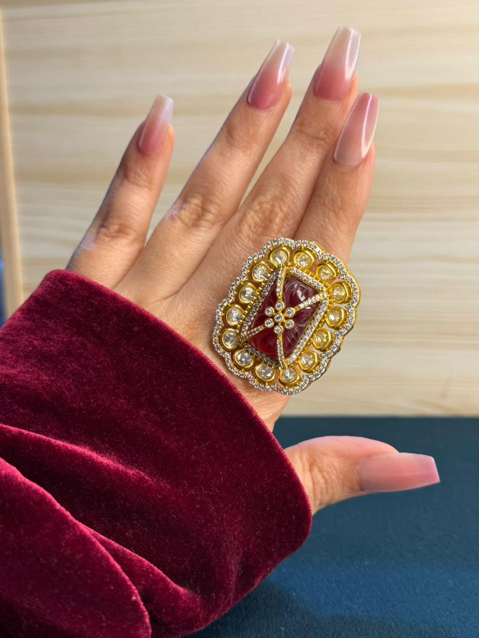 Ruby Red Moissanite Gold Cocktail Adjustable Ring