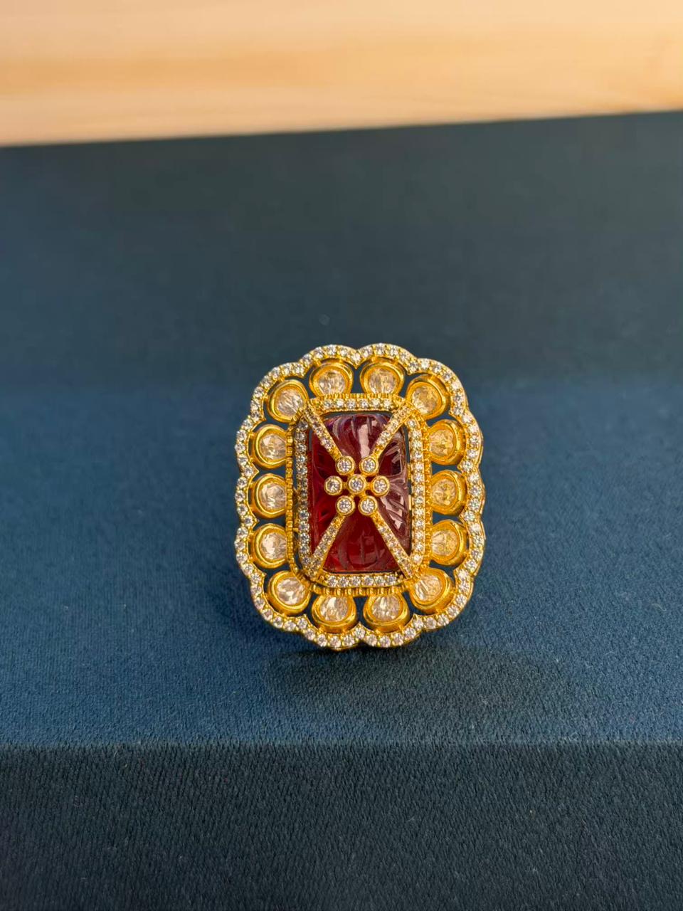 Ruby Red Moissanite Gold Cocktail Adjustable Ring