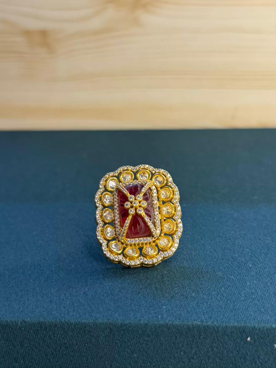 Ruby Red Moissanite Gold Cocktail Adjustable Ring