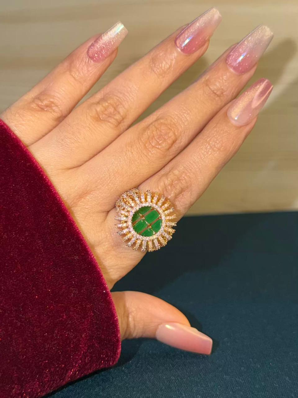 Emerald Halo Statement Cocktail Ring Adjustable