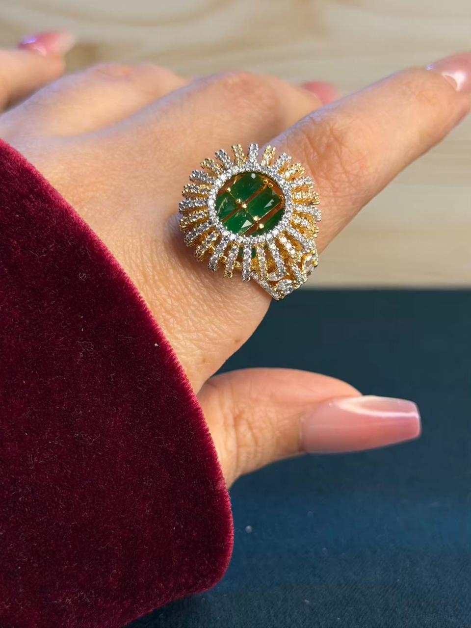 Emerald Halo Statement Cocktail Ring Adjustable