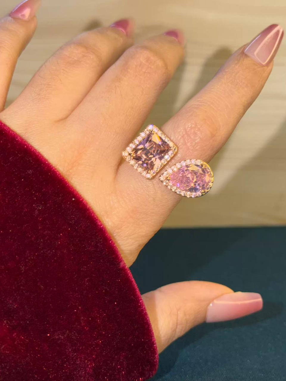 Blush Pink Drop Square Gold Adjustable Ring