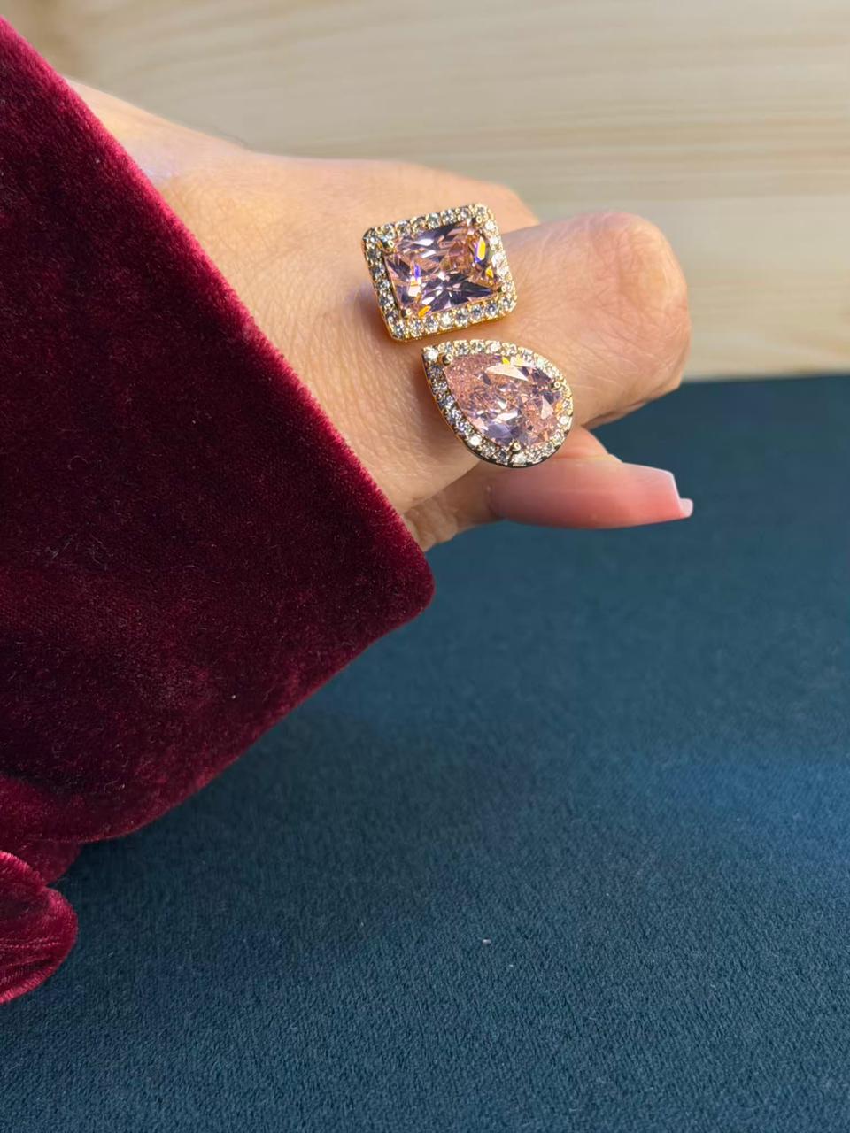 Blush Pink Drop Square Gold Adjustable Ring