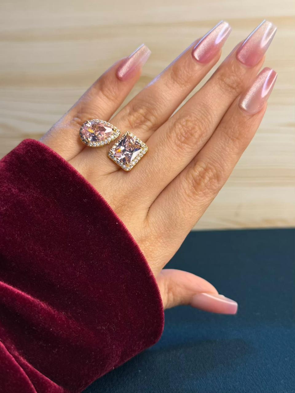 Blush Pink Drop Square Gold Adjustable Ring