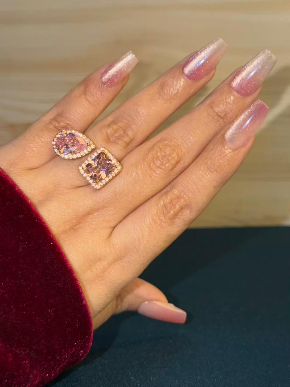 Blush Pink Drop Square Gold Adjustable Ring