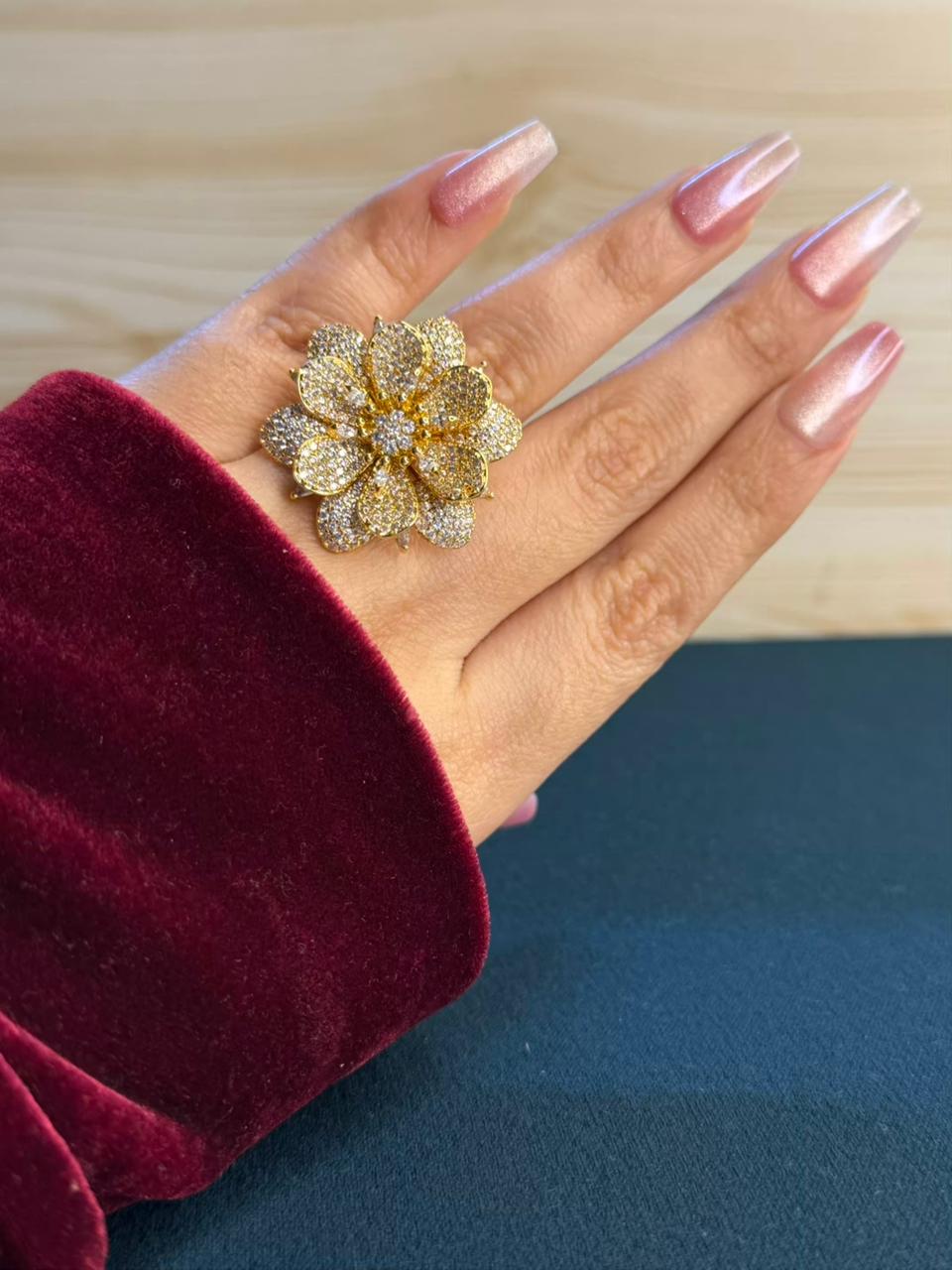 Golden Bloom Floral Loaded Diamonds Cocktail Statement Ring Adjustable Gold