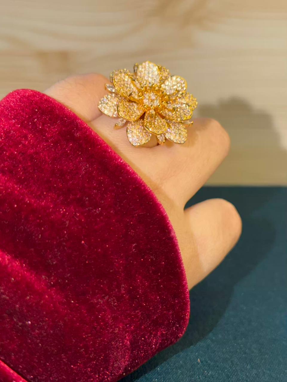 Golden Bloom Floral Loaded Diamonds Cocktail Statement Ring Adjustable Gold