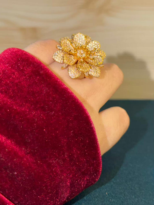 Golden Bloom Floral Loaded Diamonds Cocktail Statement Ring Adjustable Gold