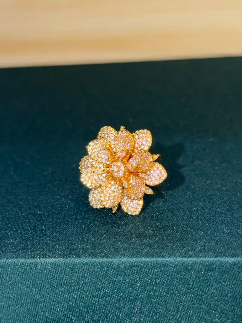 Golden Bloom Floral Loaded Diamonds Cocktail Statement Ring Adjustable Gold