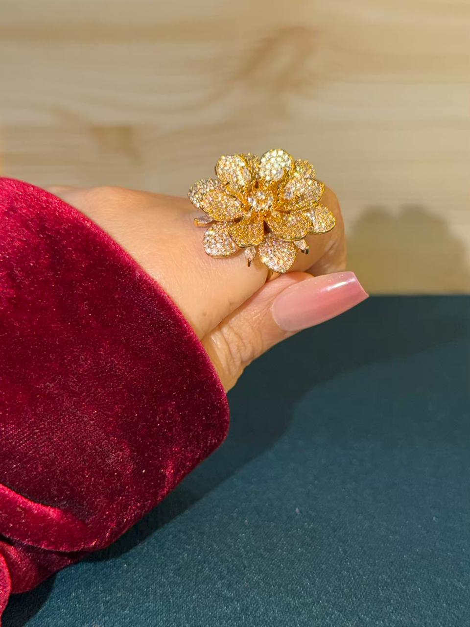 Golden Bloom Floral Loaded Diamonds Cocktail Statement Ring Adjustable Gold