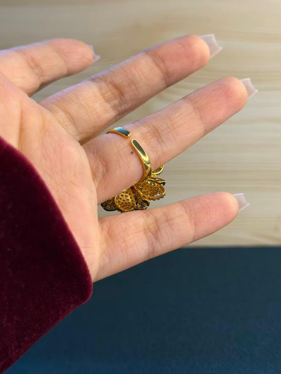 Golden Bloom Floral Loaded Diamonds Cocktail Statement Ring Adjustable Gold