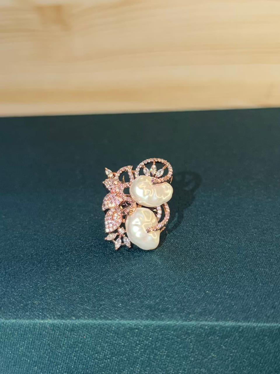 Baroque Natural Pearly Rose Gold Plated Statement Cocktail Ring Adjustable