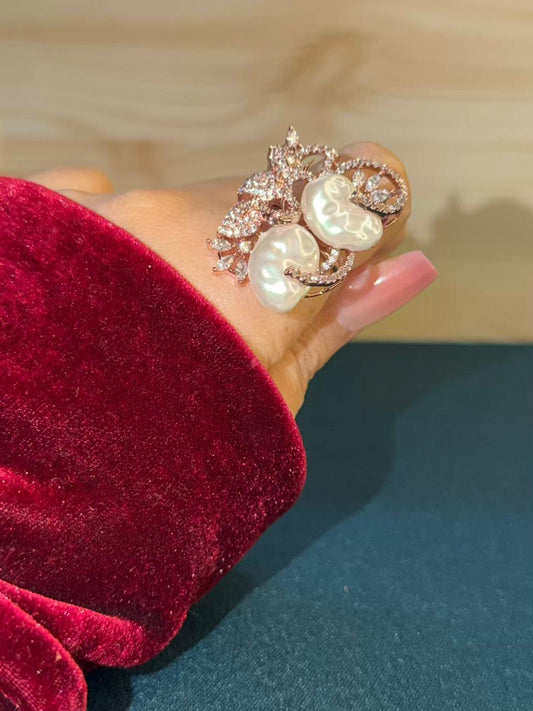 Baroque Natural Pearly Rose Gold Plated Statement Cocktail Ring Adjustable