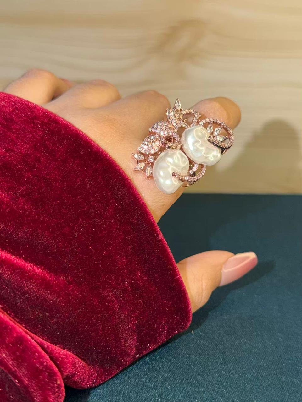 Baroque Natural Pearly Rose Gold Plated Statement Cocktail Ring Adjustable