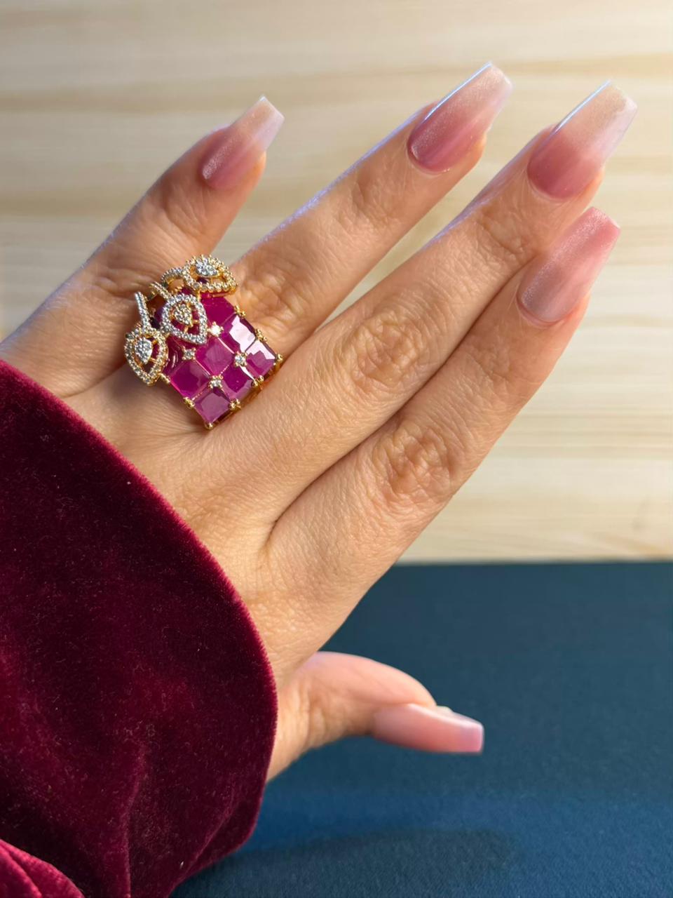 Pink Ruby Deep Fuschia Geometric Leaves Gold Statement Cocktail Party Ring Adjustable