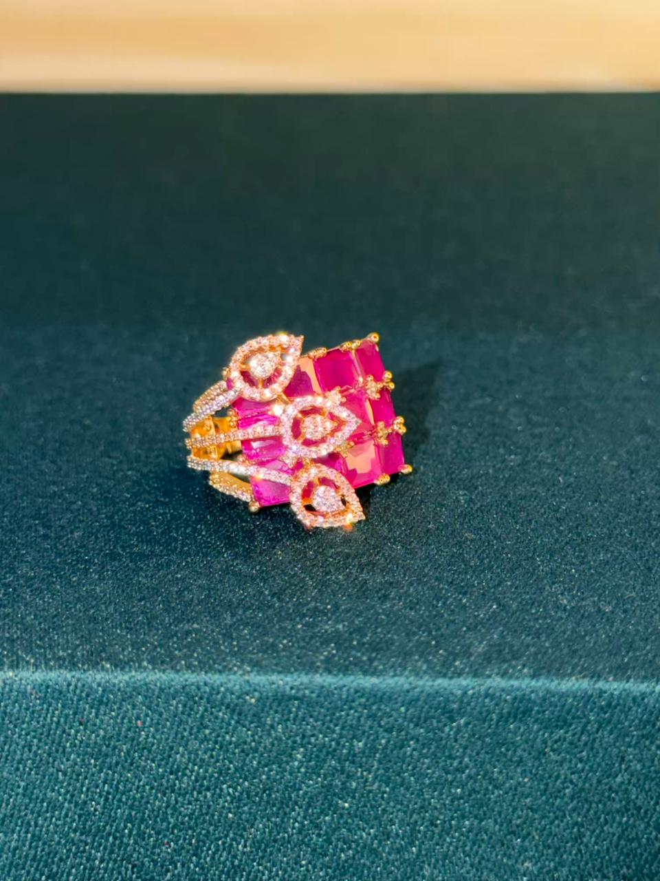 Pink Ruby Deep Fuschia Geometric Leaves Gold Statement Cocktail Party Ring Adjustable
