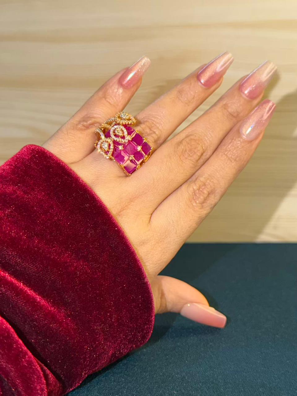 Pink Ruby Deep Fuschia Geometric Leaves Gold Statement Cocktail Party Ring Adjustable