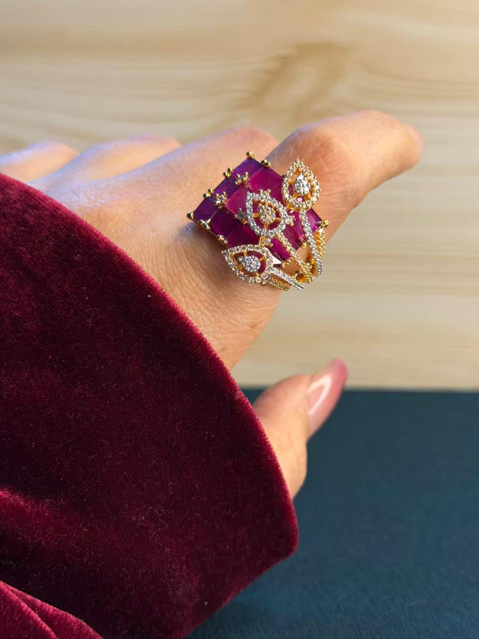 Pink Ruby Deep Fuschia Geometric Leaves Gold Statement Cocktail Party Ring Adjustable