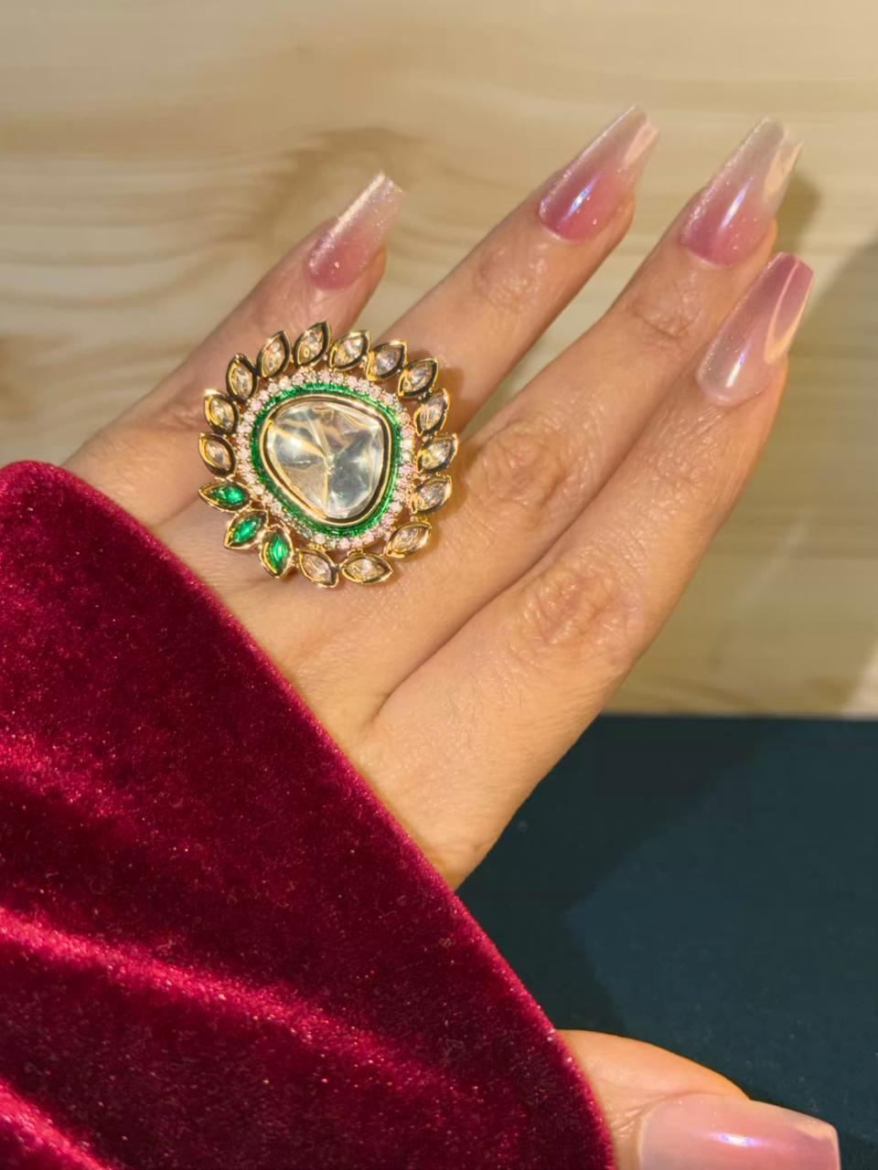 Uncut Polki Emerald Look Moissanite Ring Adjustable