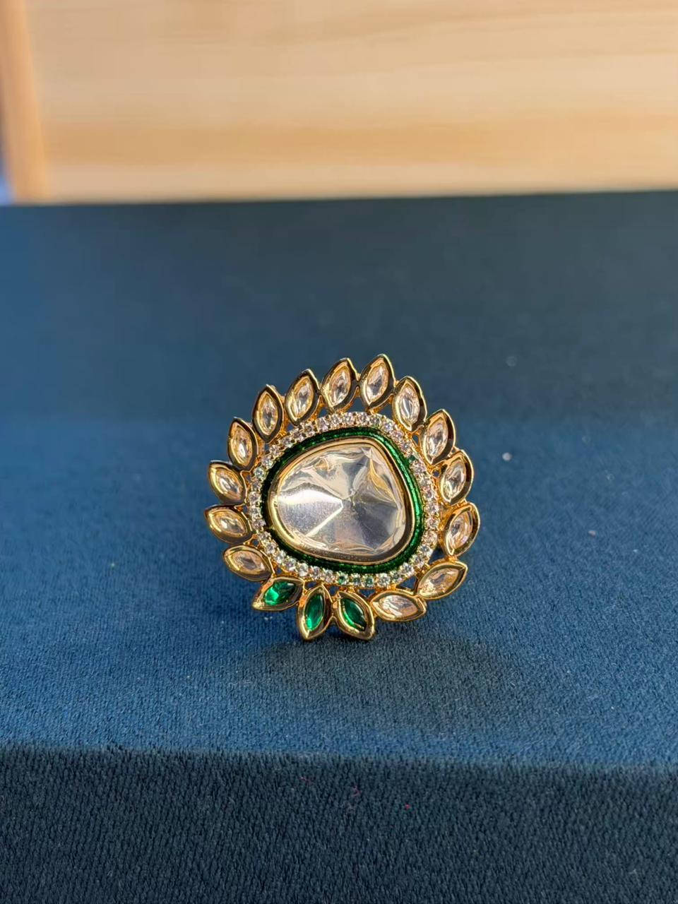 Uncut Polki Emerald Look Moissanite Ring Adjustable