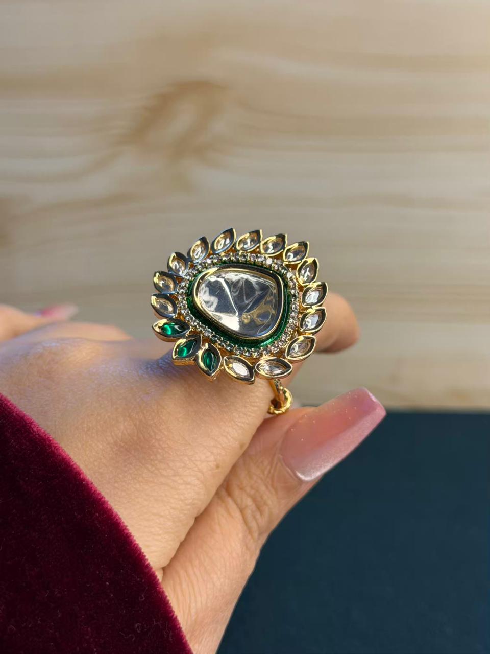 Uncut Polki Emerald Look Moissanite Ring Adjustable