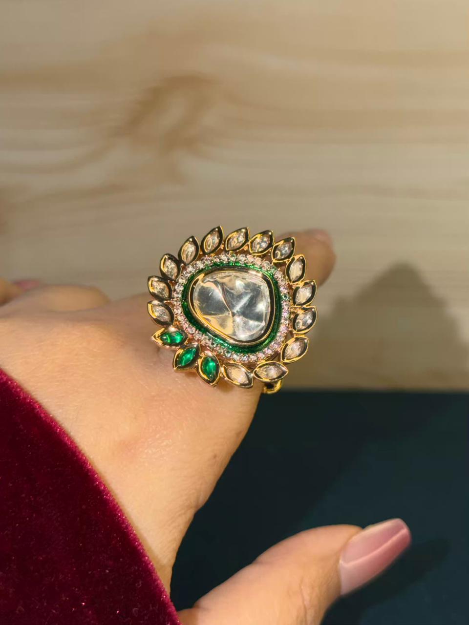 Uncut Polki Emerald Look Moissanite Ring Adjustable