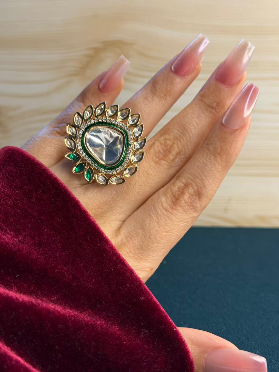 Uncut Polki Emerald Look Moissanite Ring Adjustable