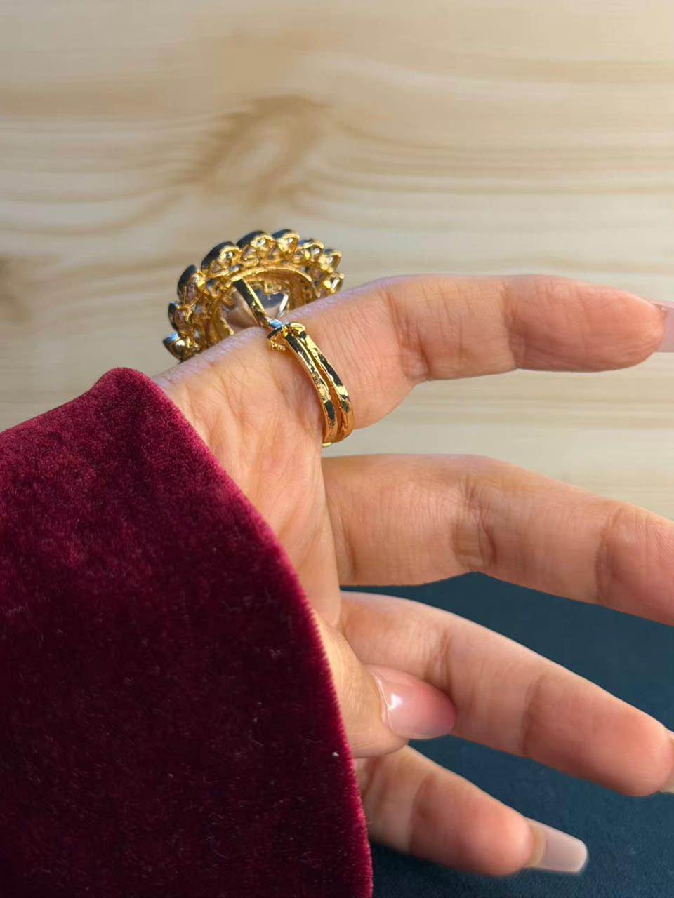 Uncut Polki Emerald Look Moissanite Ring Adjustable