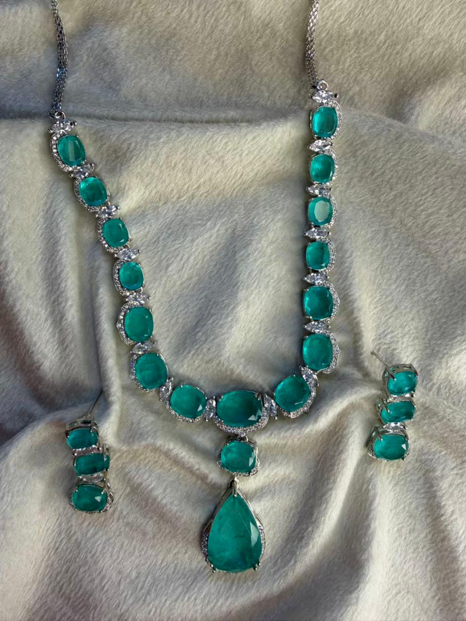 Ocean Green Luxury Studded Necklace and Studs Sets in Rhodium Silver Plating