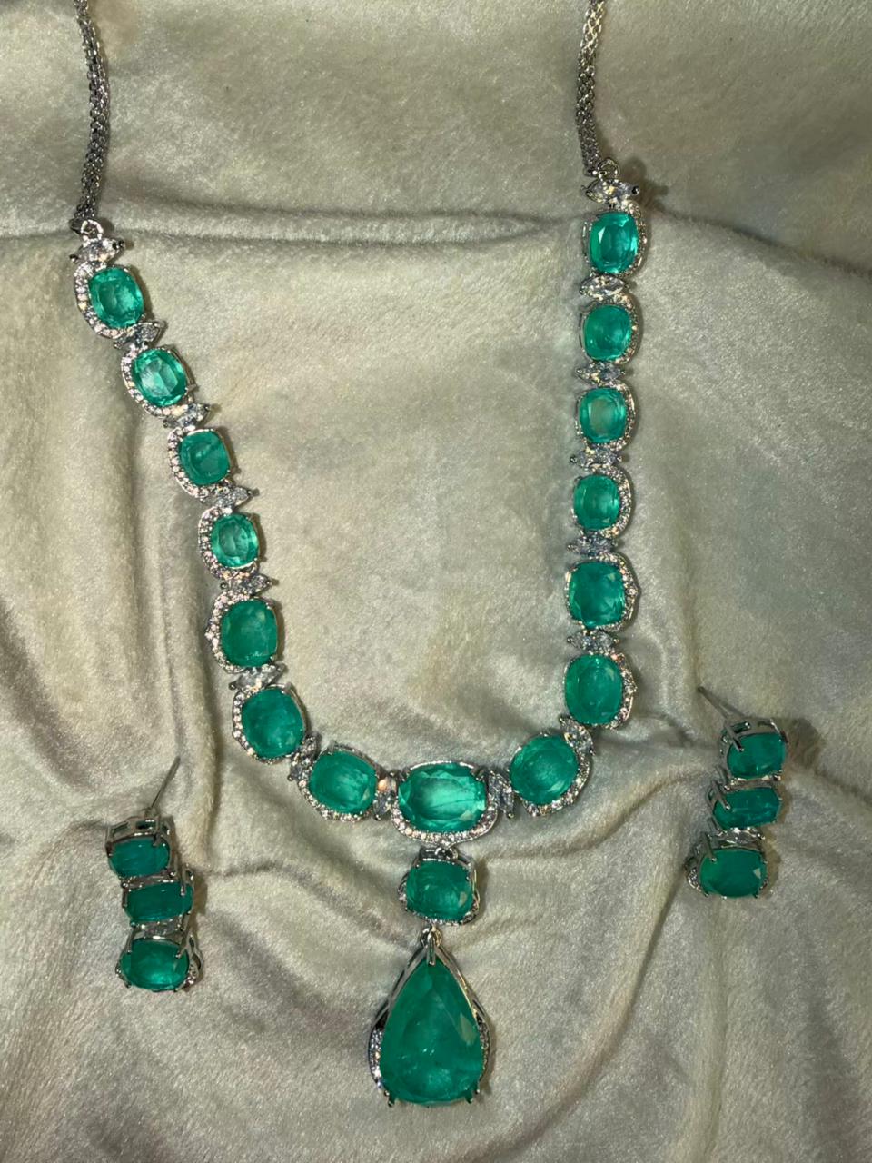 Ocean Green Luxury Studded Necklace and Studs Sets in Rhodium Silver Plating