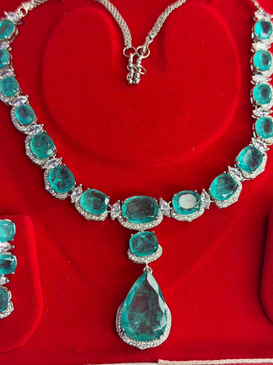 Ocean Green Luxury Studded Necklace and Studs Sets in Rhodium Silver Plating