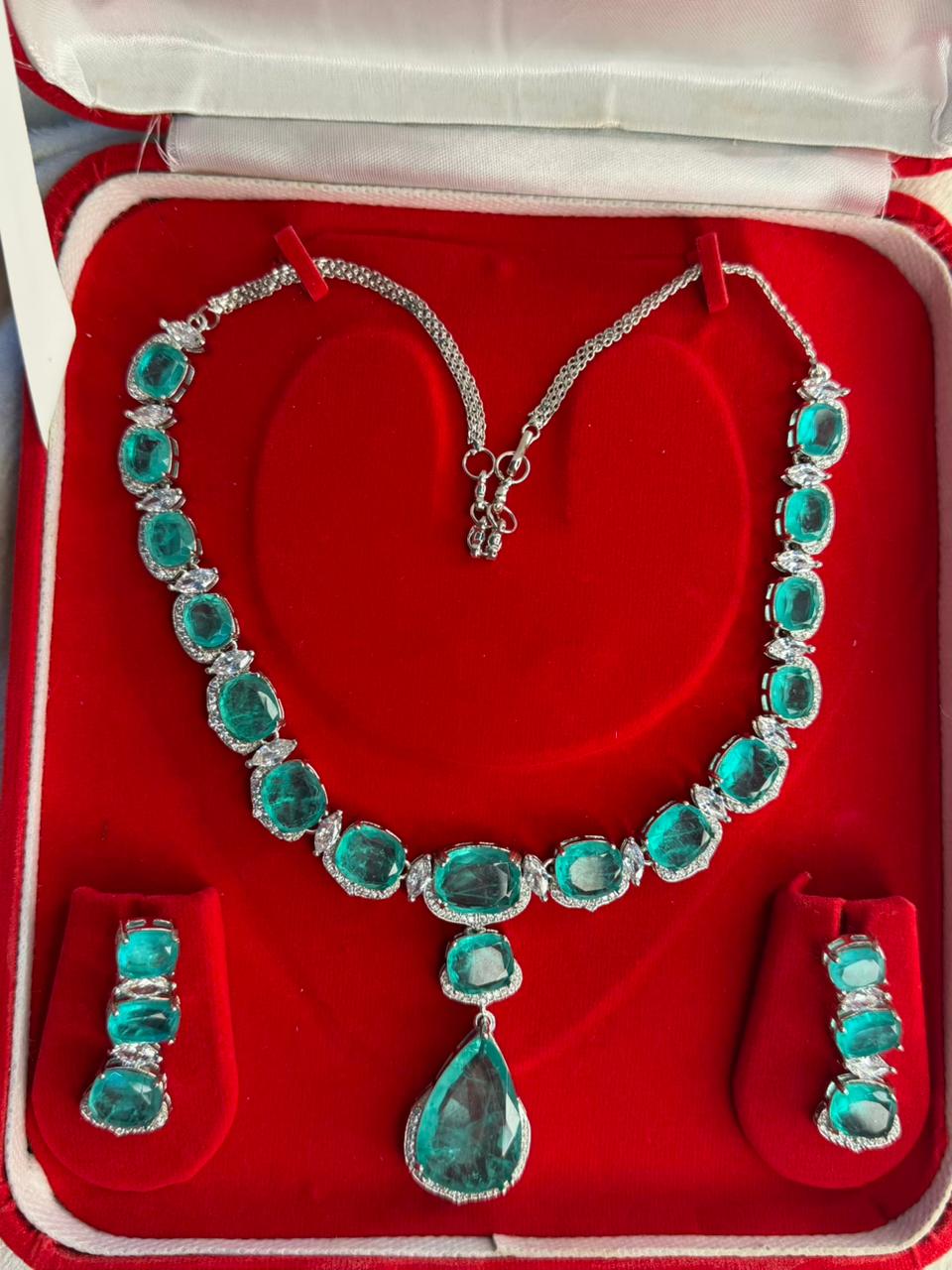 Ocean Green Luxury Studded Necklace and Studs Sets in Rhodium Silver Plating