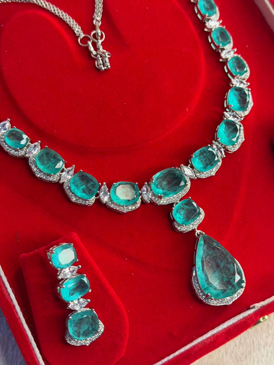 Ocean Green Luxury Studded Necklace and Studs Sets in Rhodium Silver Plating