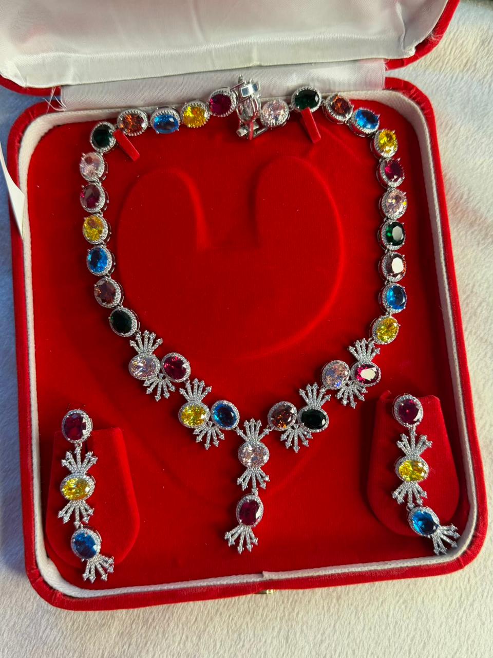 Premium Multicoloured Doublet Stone Luxury Necklace Set in 18k Thick Silver Plating