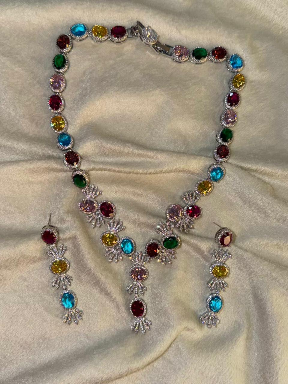 Premium Multicoloured Doublet Stone Luxury Necklace Set in 18k Thick Silver Plating