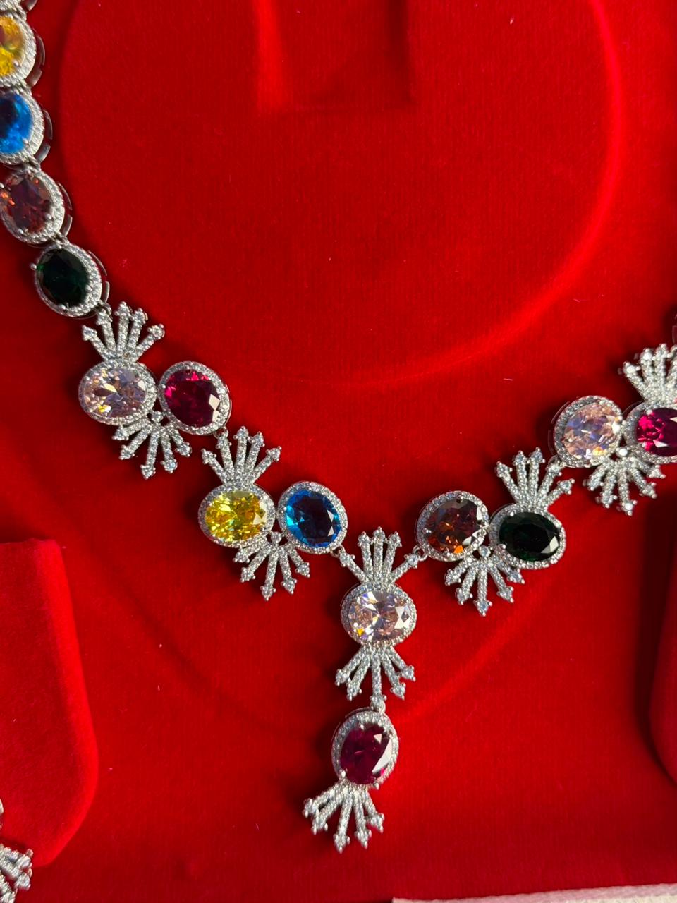 Premium Multicoloured Doublet Stone Luxury Necklace Set in 18k Thick Silver Plating